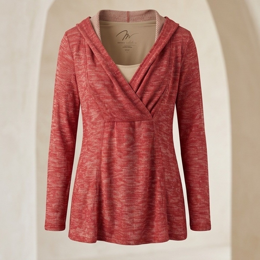 Miraclebody by Miraclesuit Womens L Red Marl Knit Surplice Hoodie Sweater
